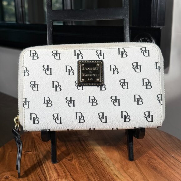 Dooney & Bourke Gretta Folded Zip Wristlet — White/Black Coated Canvas, EUC - Picture 1 of 10